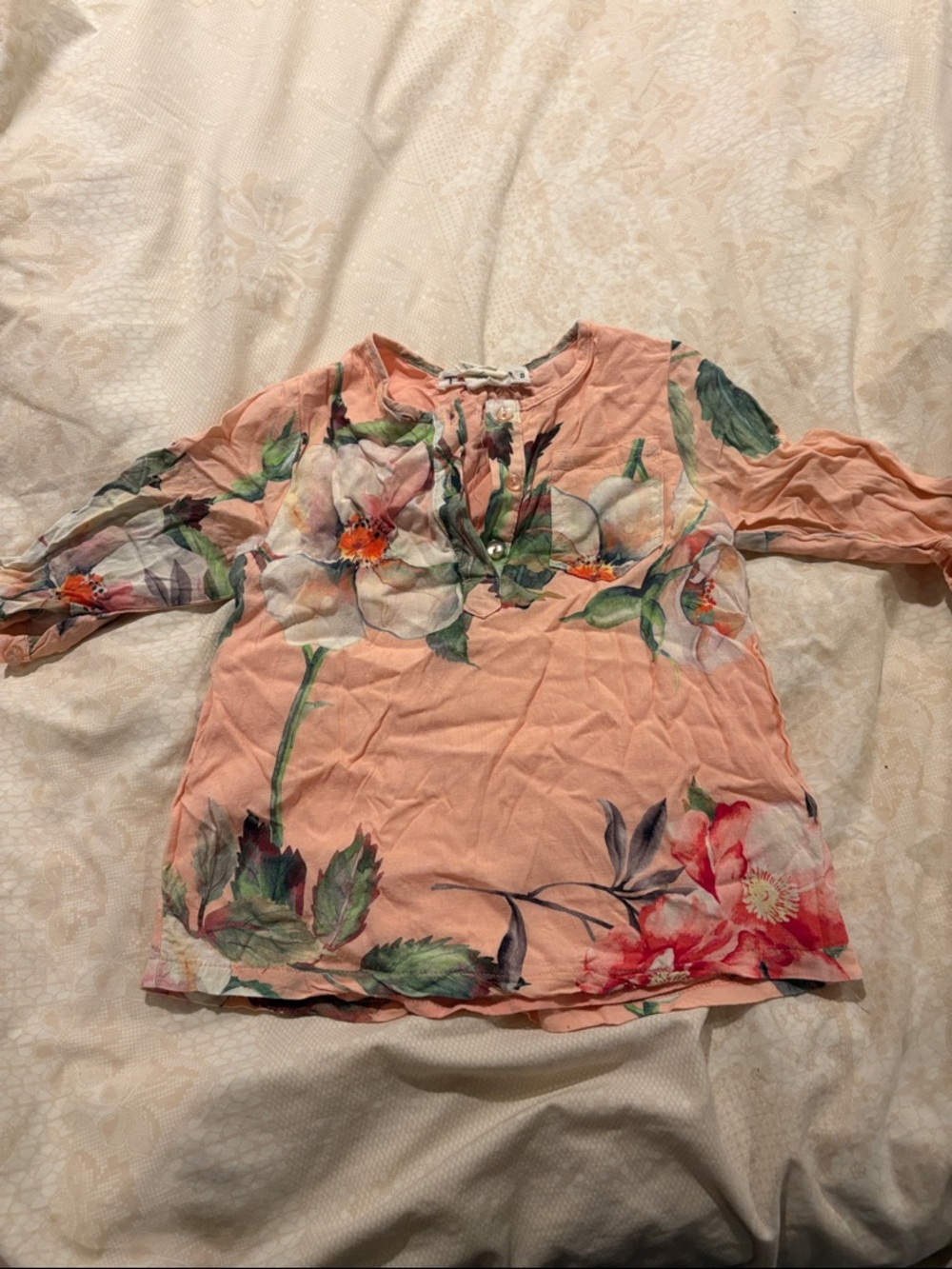 Girls' Peach Floral Long-Sleeve Top